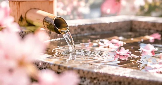 桜の花びらが浮かぶ手水